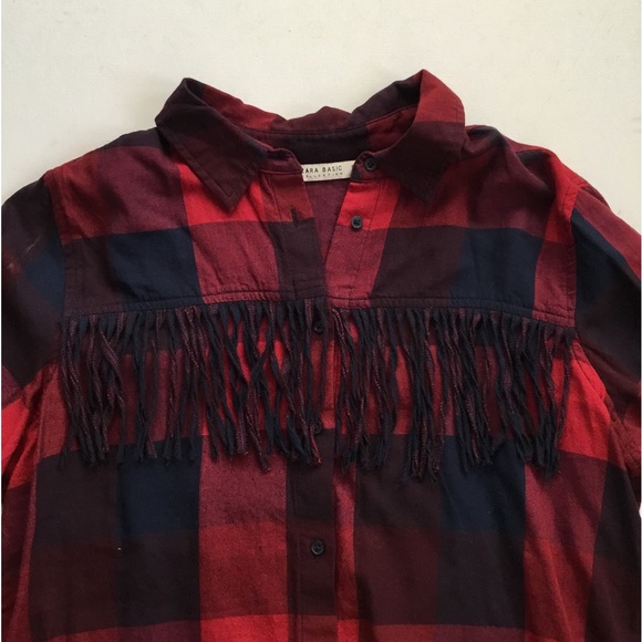 Zara Basic Blue & Red Plaid Fringe Button Top Shirt - Picture 4 of 6